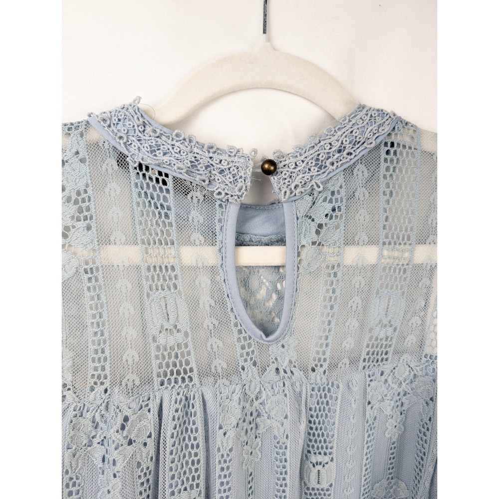 Floral Lace Victorian Shift Dress M Light Blue High Neck Regency Fairy Prairie - Picture 8 of 10